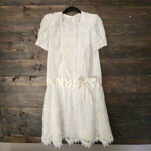 80s Gunne Sax Jessica McClintock Drop Waist Lace Dress Victorian M 7/8